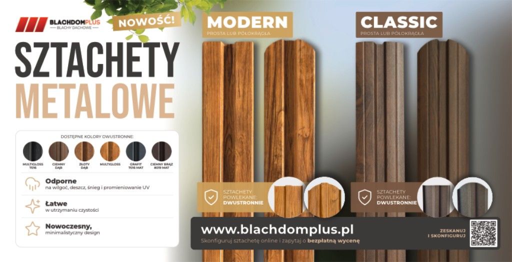 Strona blachdomplus.pl i baner wielkoformatowy sztachet metalowych